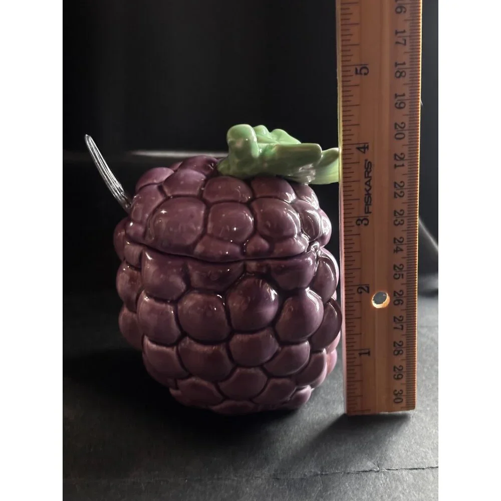 Ceramic Purple Grape Jam Sugar Jar With Lid Spoon Green Leaf Accent Vintage 80s